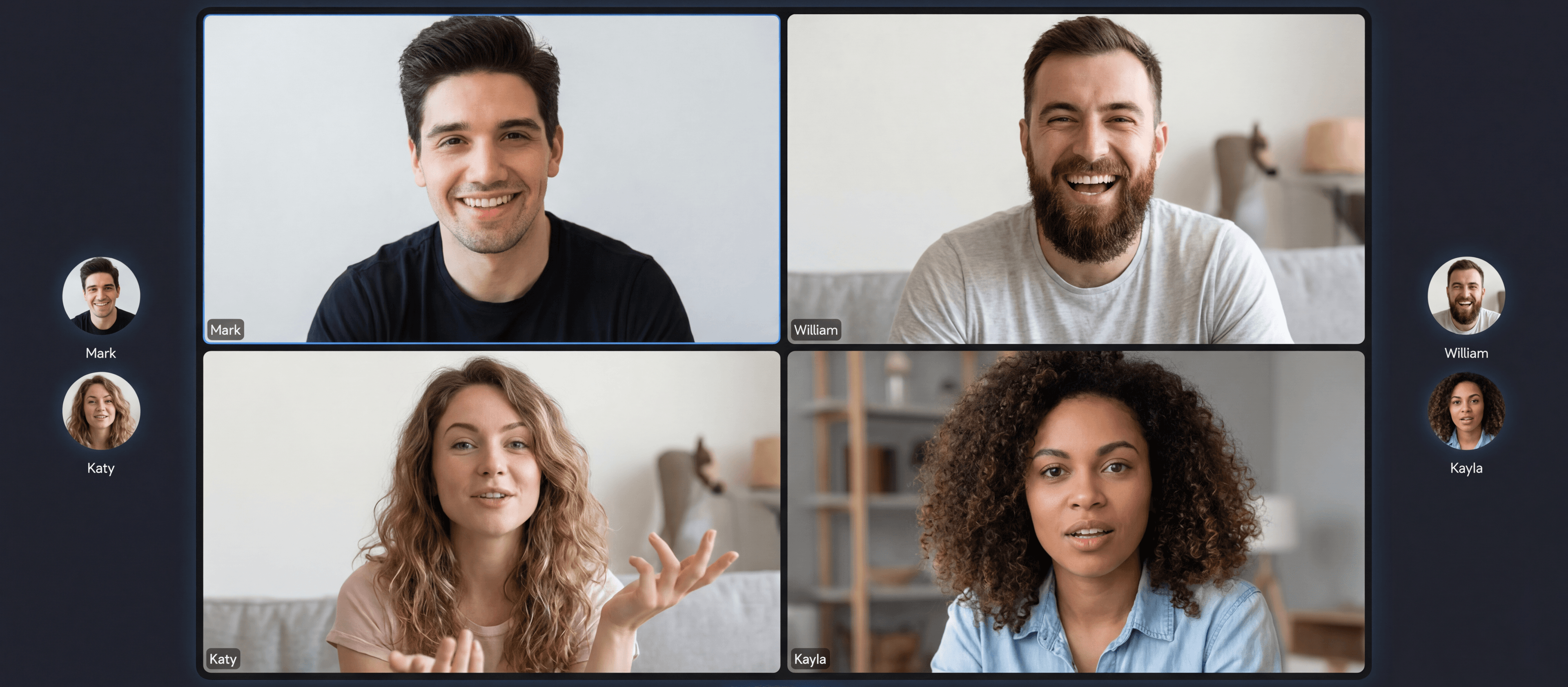 Four-person call with two side participants